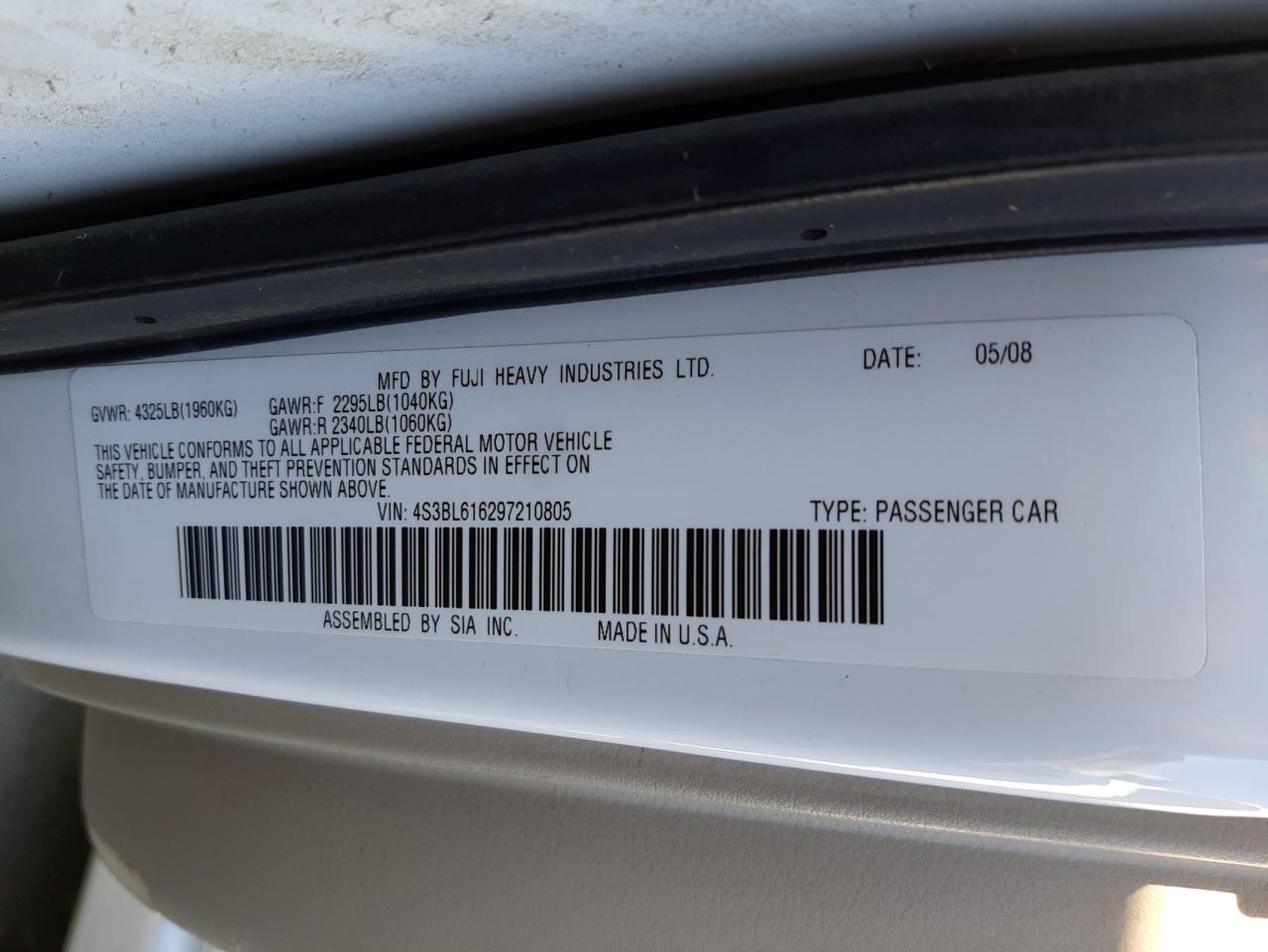 Photo 10 from auction – 2009 SUBARU LEGACY 2.5 with VIN 4S3BL616297210805