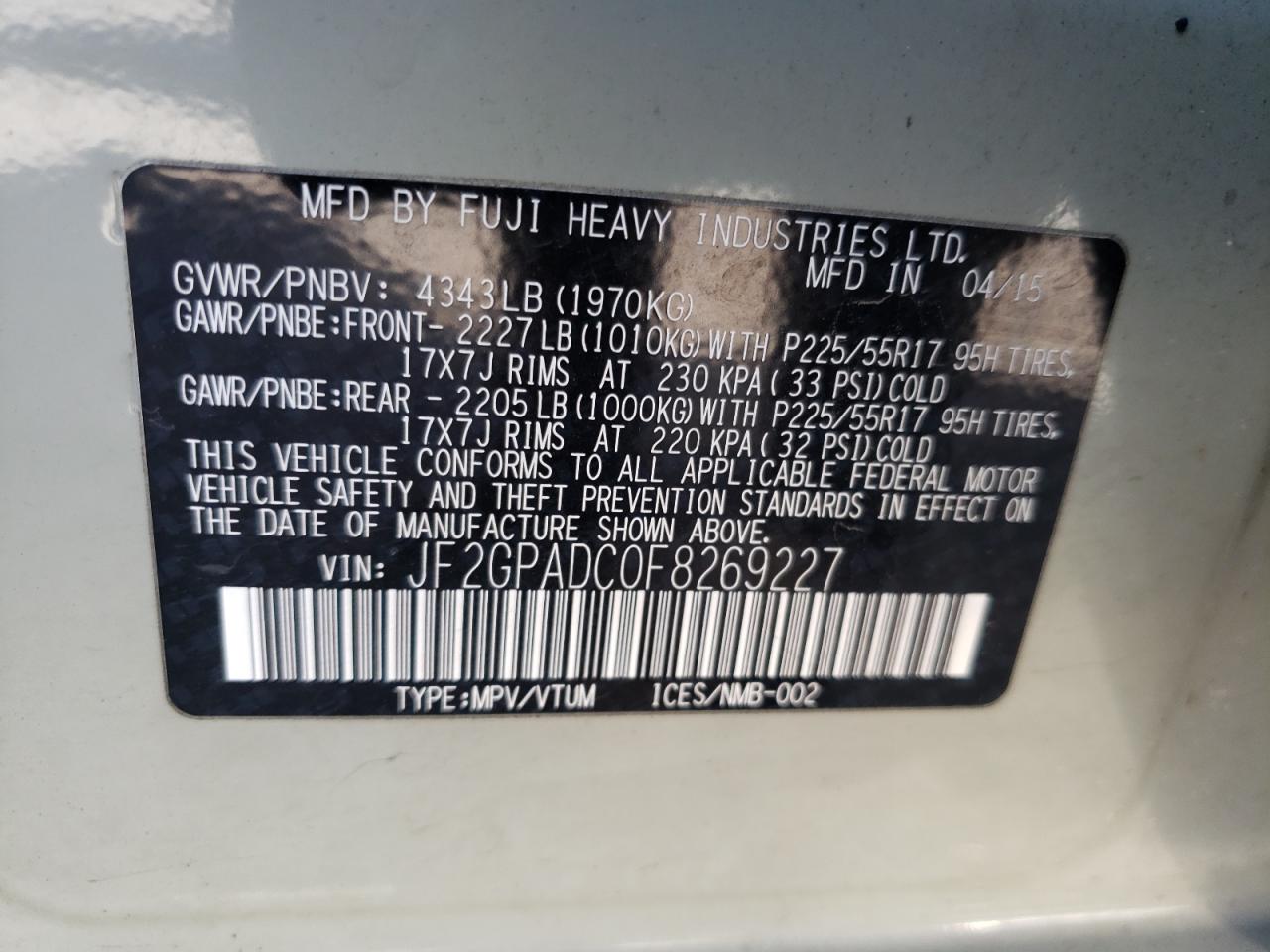 Photo 10 from auction – 2015 SUBARU XV CROSSTR with VIN JF2GPADC0F8269227