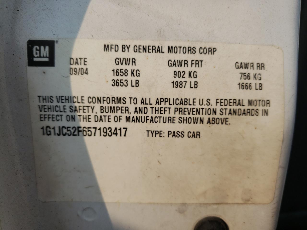 Photo 10 from auction – 2005 CHEVROLET CAVALIER with VIN 1G1JC52F657193417