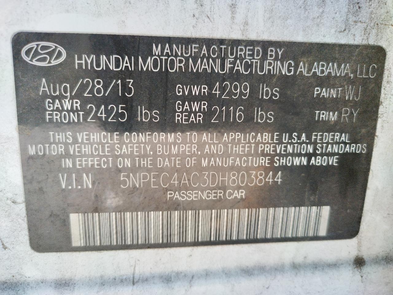 Photo 10 from auction – 2013 HYUNDAI SONATA SE with VIN 5NPEC4AC3DH803844