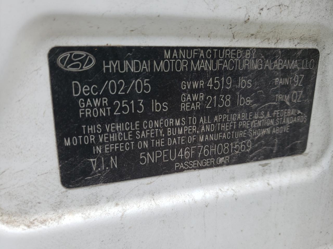 Photo 10 from auction – 2006 HYUNDAI SONATA GLS with VIN 5NPEU46F76H081569