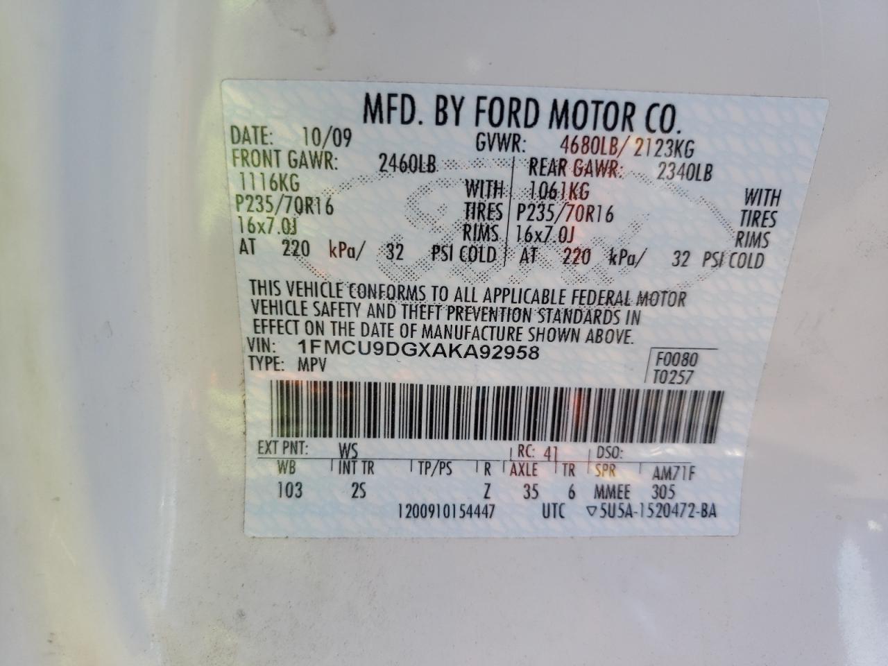 Photo 10 from auction – 2010 FORD ESCAPE XLT with VIN 1FMCU9DGXAKA92958