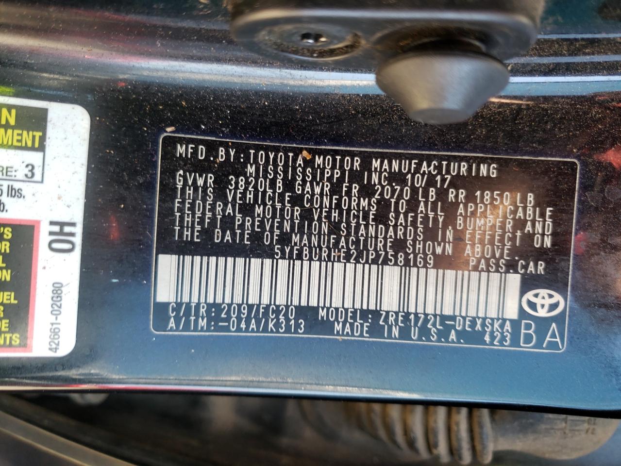 Photo 10 from auction – 2018 TOYOTA COROLLA L with VIN 5YFBURHE2JP758169