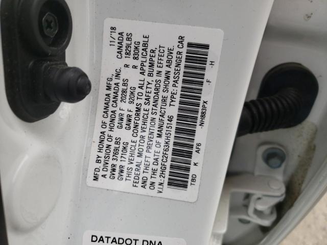 Photo 10 from auction – 2019 HONDA CIVIC LX with VIN 2HGFC2F63KH515146