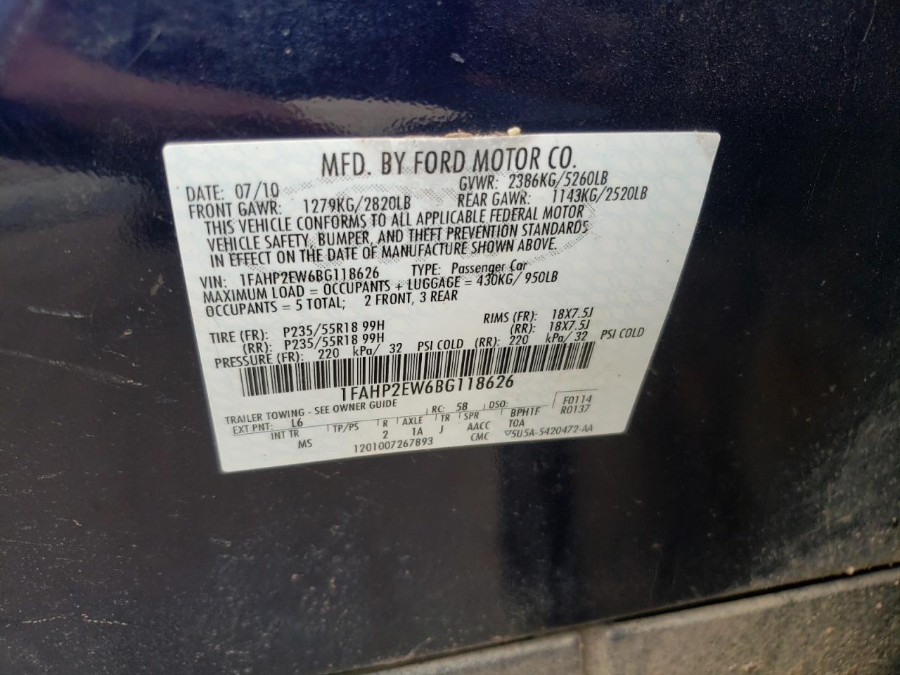 Photo 10 from auction – 2011 FORD TAURUS SEL with VIN 1FAHP2EW6BG118626