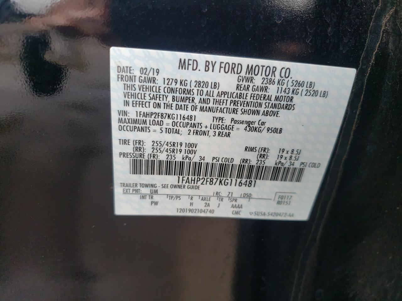 Photo 10 from auction – 2019 FORD TAURUS LIM with VIN 1FAHP2F87KG116481