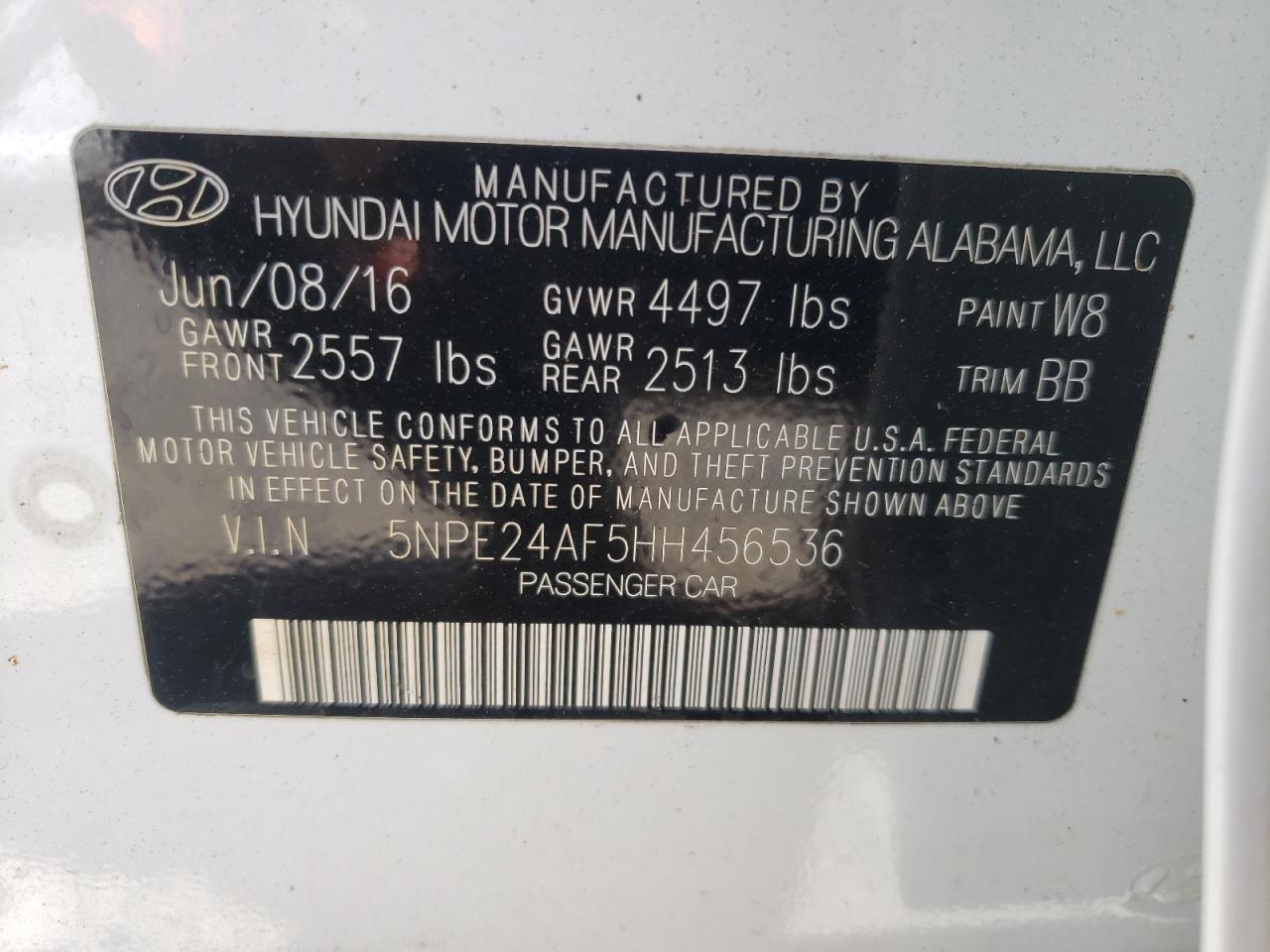 Photo 10 from auction – 2017 HYUNDAI SONATA SE with VIN 5NPE24AF5HH456536