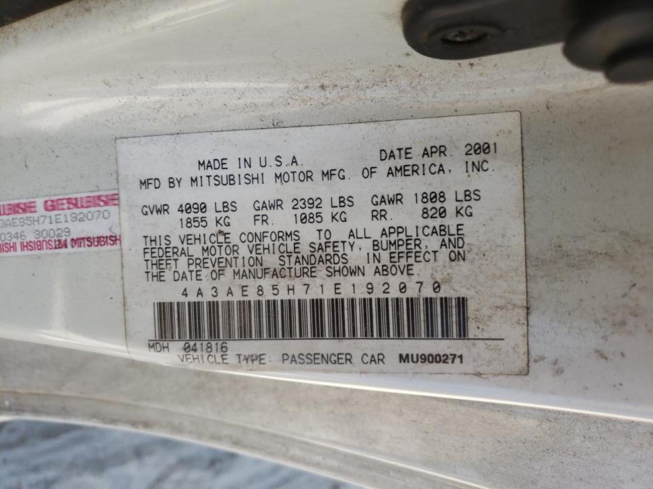Photo 10 from auction – 2001 MITSUBISHI ECLIPSE SP with VIN 4A3AE85H71E192070