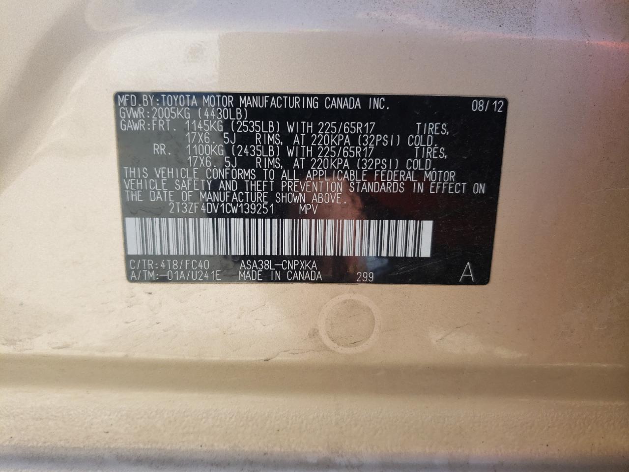 Photo 10 from auction – 2012 TOYOTA RAV4 with VIN 2T3ZF4DV1CW139251