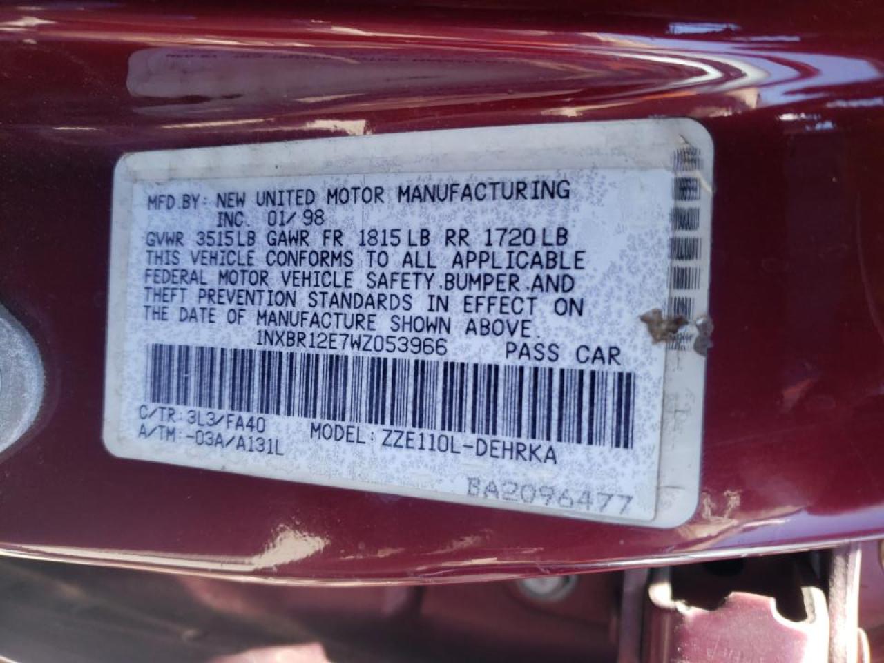 Photo 10 from auction – 1998 TOYOTA COROLLA VE with VIN 1NXBR12E7WZ053966