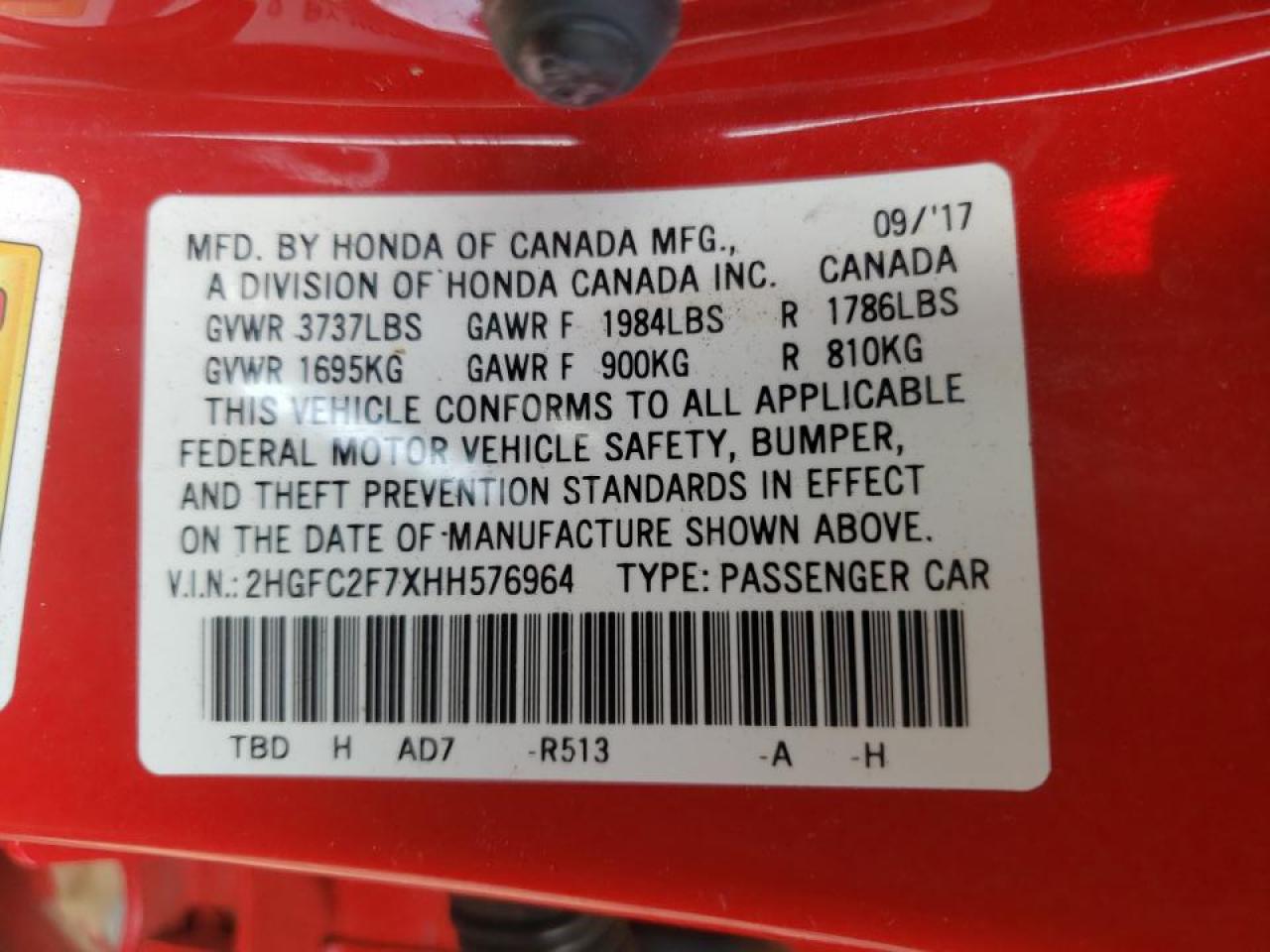 Photo 10 from auction – 2017 HONDA CIVIC EX with VIN 2HGFC2F7XHH576964