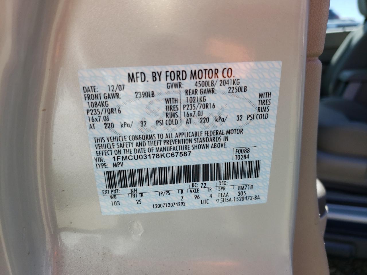 Photo 10 from auction – 2008 FORD ESCAPE XLT with VIN 1FMCU03178KC67587