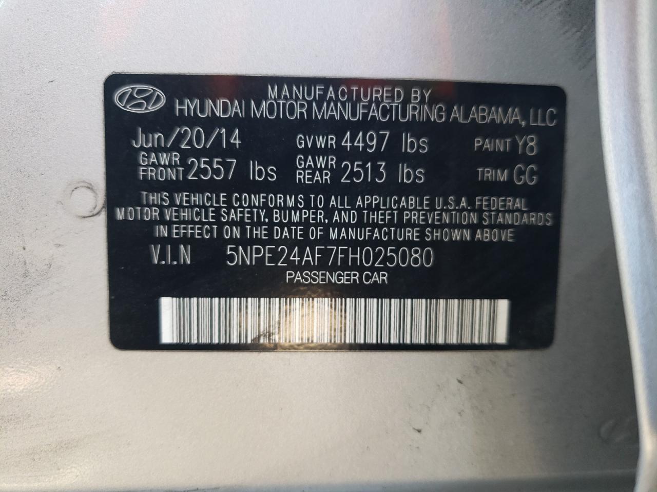 Photo 10 from auction – 2015 HYUNDAI SONATA SE with VIN 5NPE24AF7FH025080