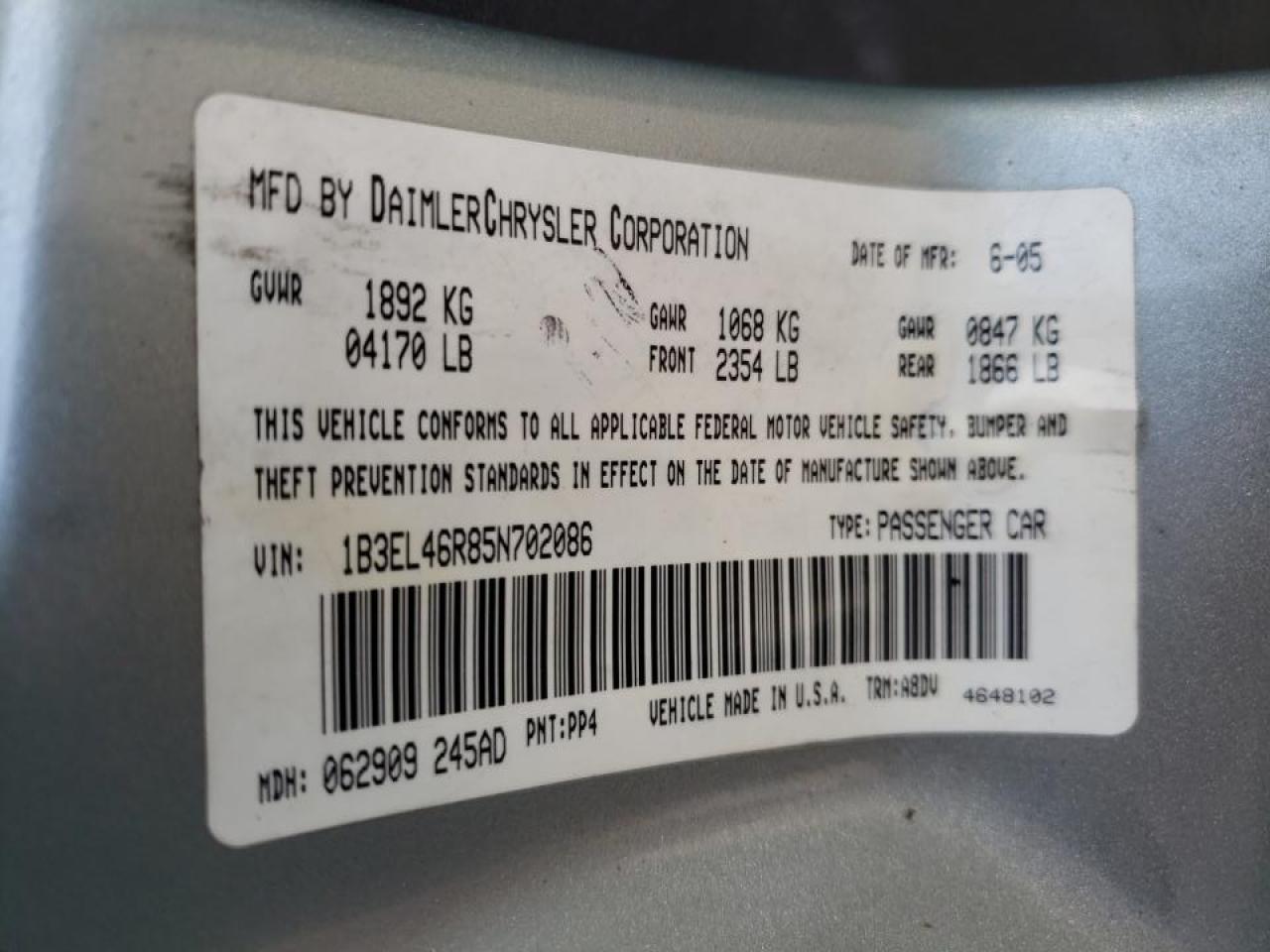 Photo 10 from auction – 2005 DODGE STRATUS SX with VIN 1B3EL46R85N702086