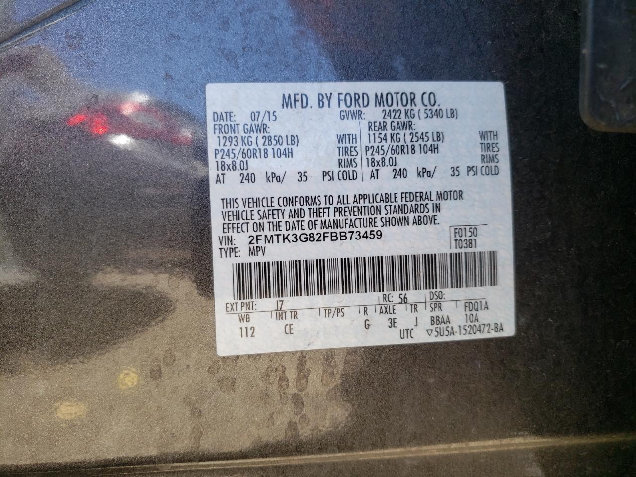 Photo 10 from auction – 2015 FORD EDGE SE with VIN 2FMTK3G82FBB73459