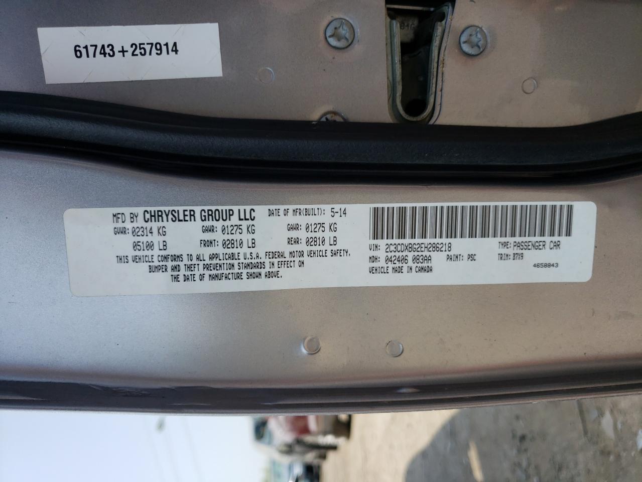 Photo 10 from auction – 2014 DODGE CHARGER SE with VIN 2C3CDXBG2EH286218