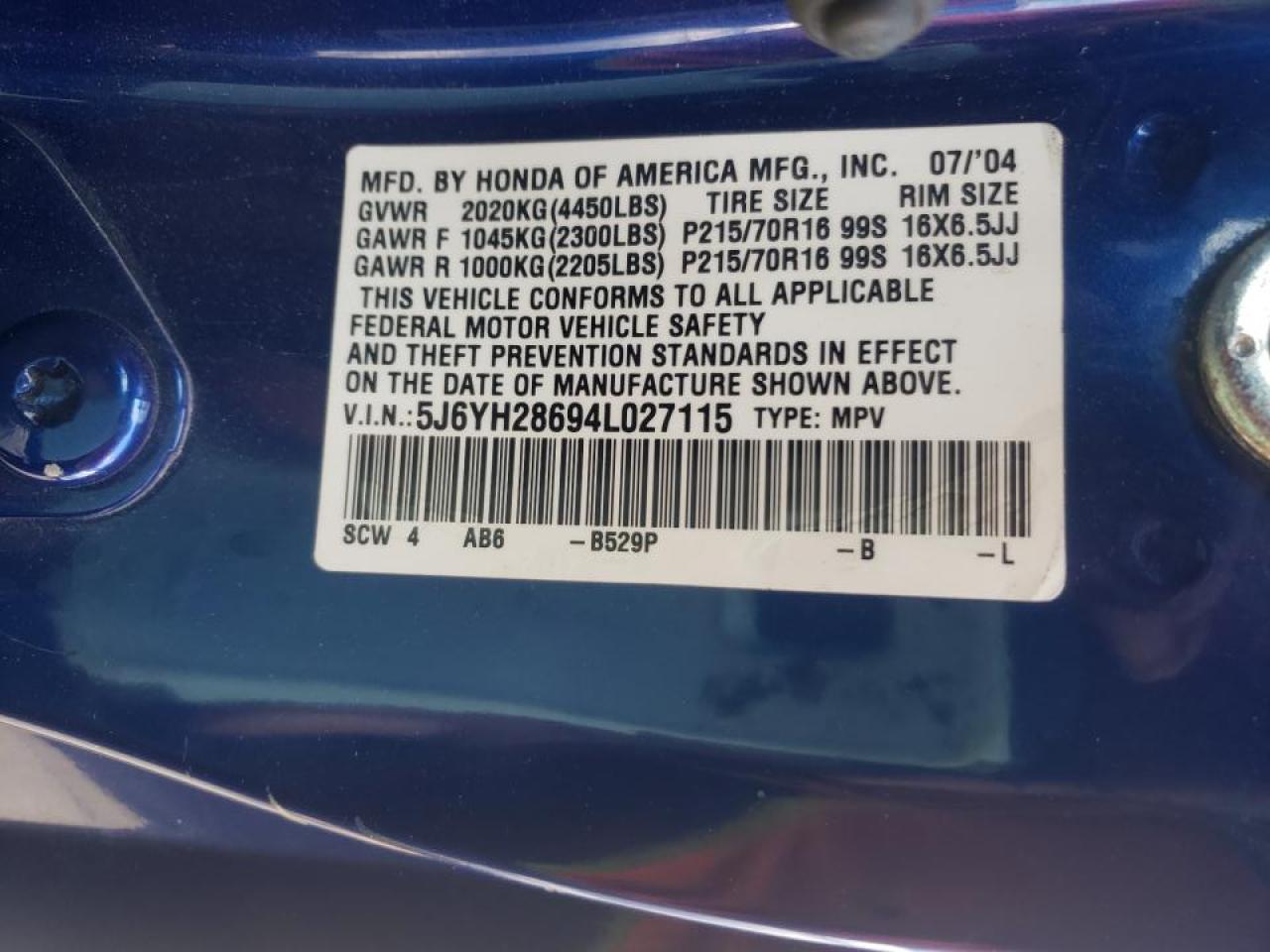Photo 10 from auction – 2004 HONDA ELEMENT EX with VIN 5J6YH28694L027115