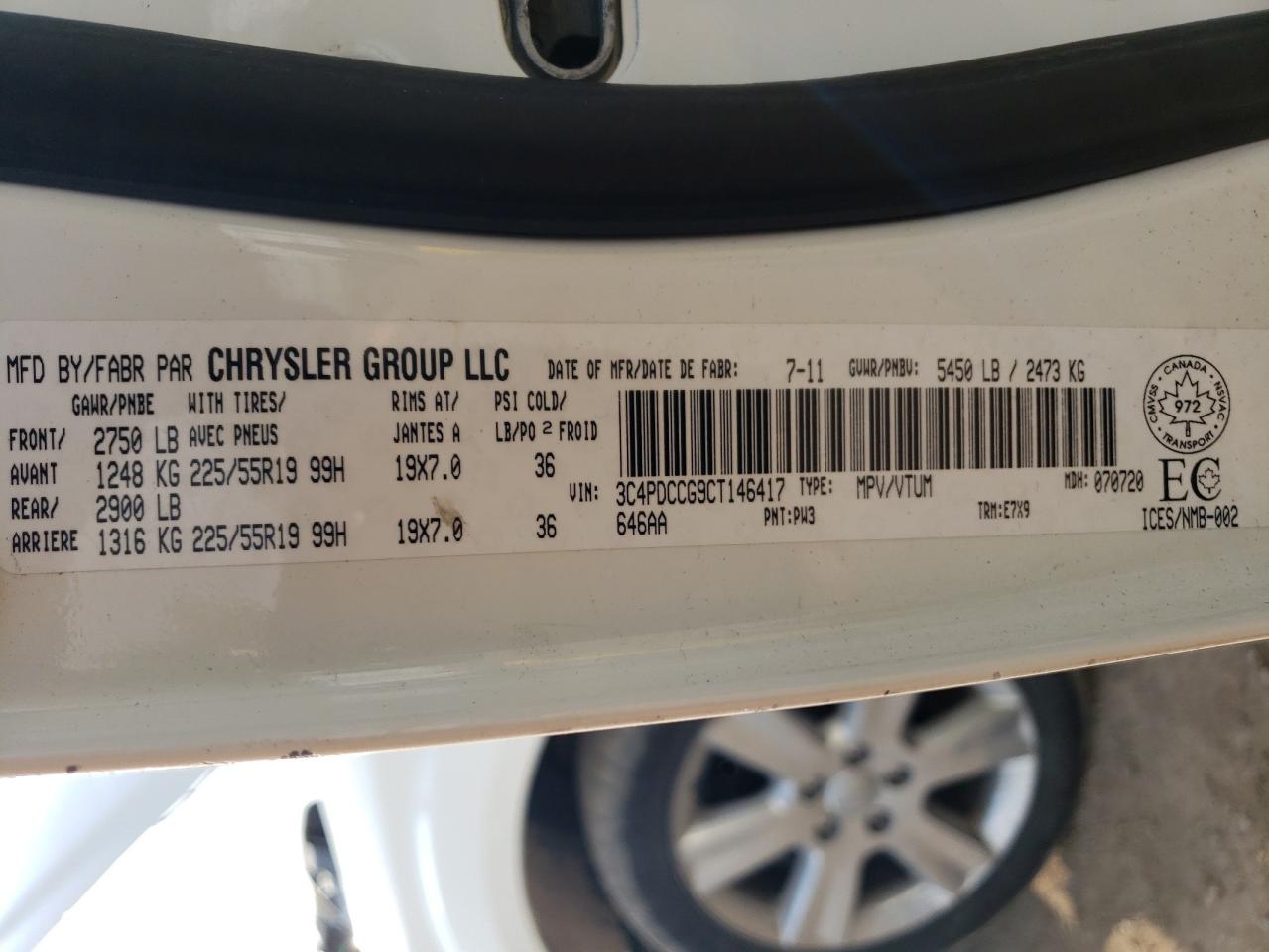 Photo 10 from auction – 2012 DODGE JOURNEY SX with VIN 3C4PDCCG9CT146417