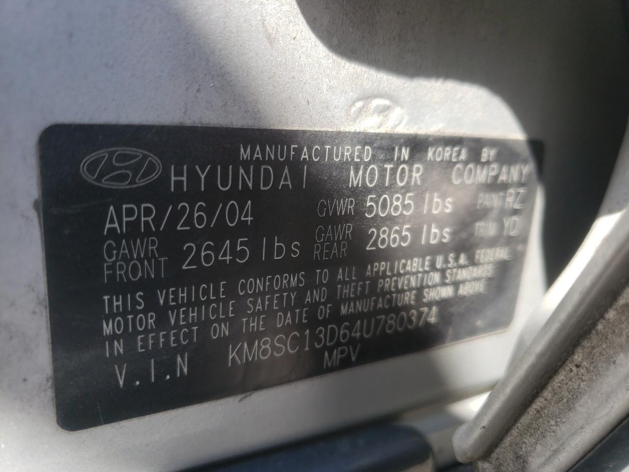 Photo 10 from auction – 2004 HYUNDAI SANTA FE G with VIN KM8SC13D64U780374