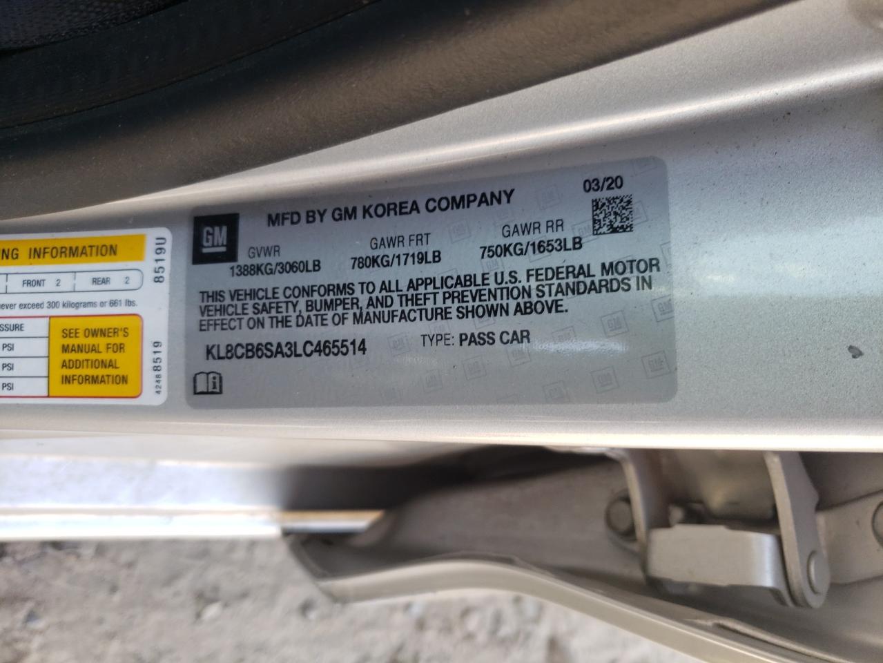 Photo 10 from auction – 2020 CHEVROLET SPARK LS with VIN KL8CB6SA3LC465514