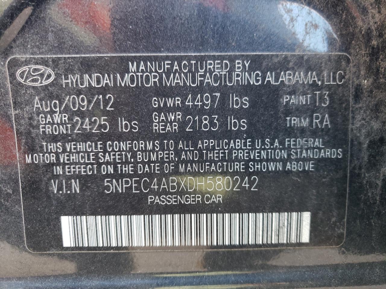 Photo 10 from auction – 2013 HYUNDAI SONATA SE with VIN 5NPEC4ABXDH580242