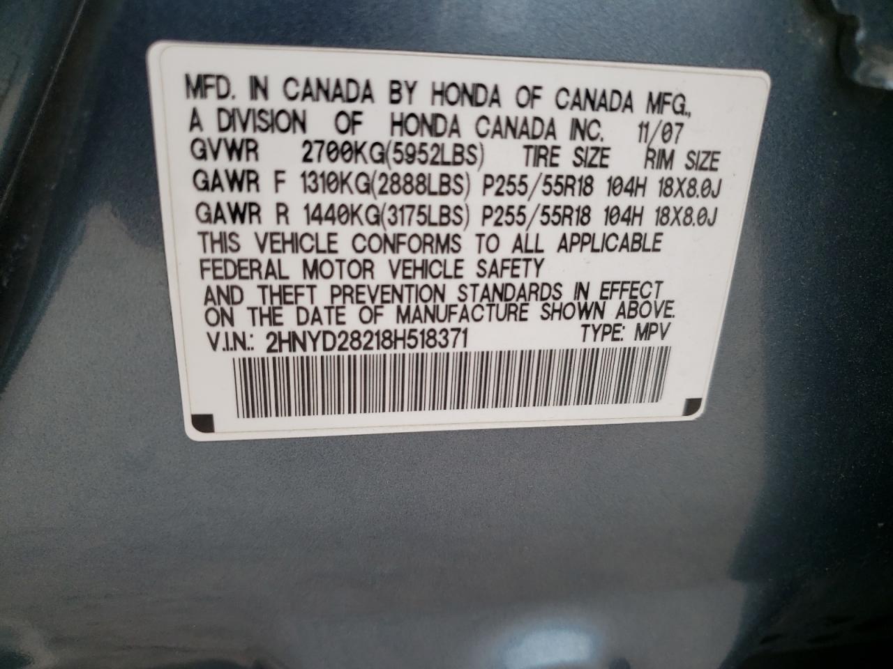 Photo 10 from auction – 2008 ACURA MDX with VIN 2HNYD28218H518371