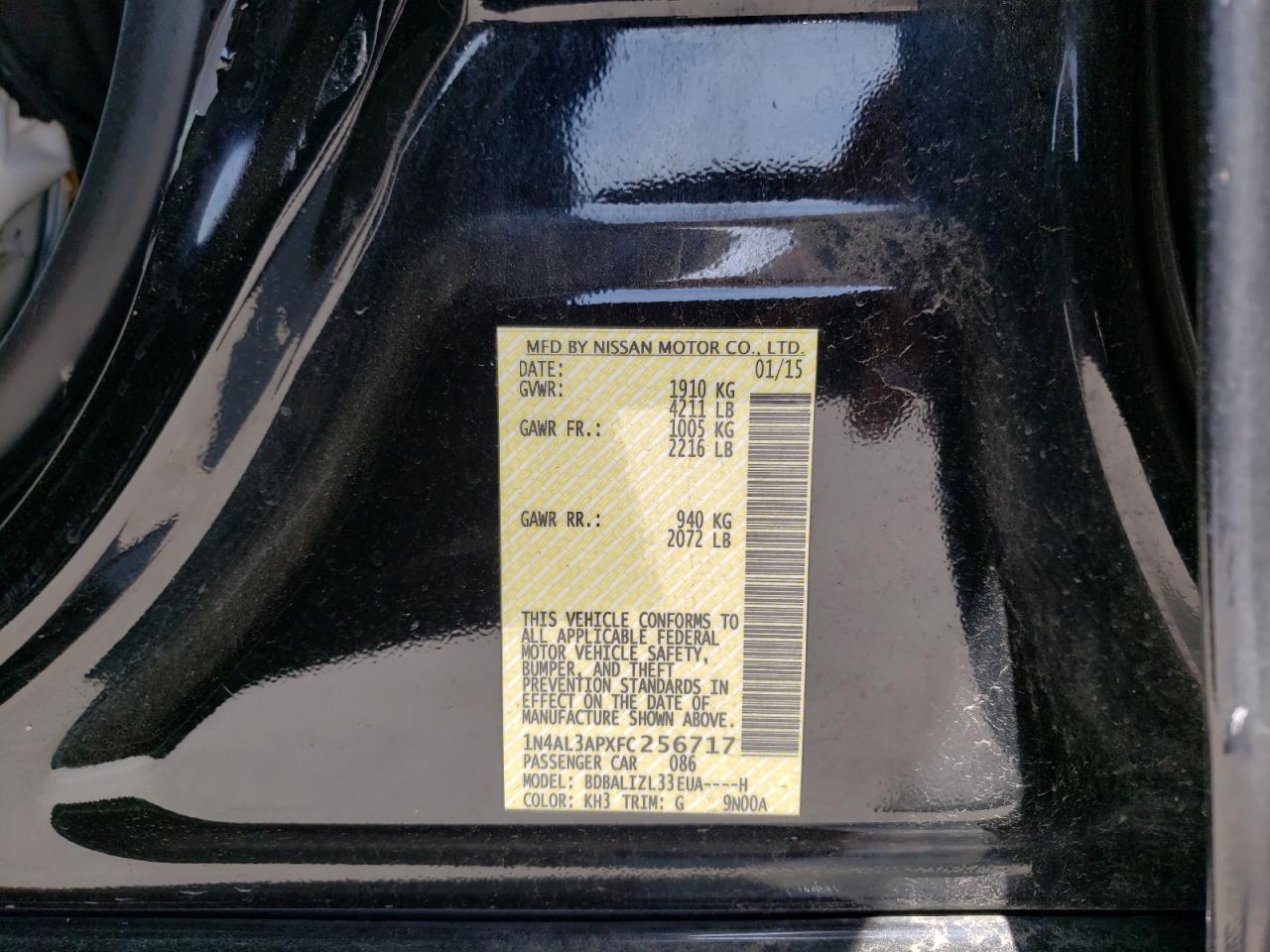 Photo 10 from auction – 2015 NISSAN ALTIMA 2.5 with VIN 1N4AL3APXFC256717