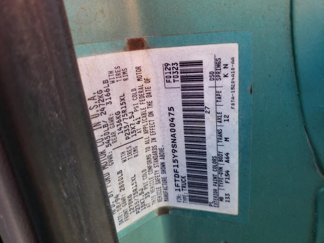 Photo 10 from auction – 1995 FORD F150 with VIN 1FTDF15Y9SNA00475