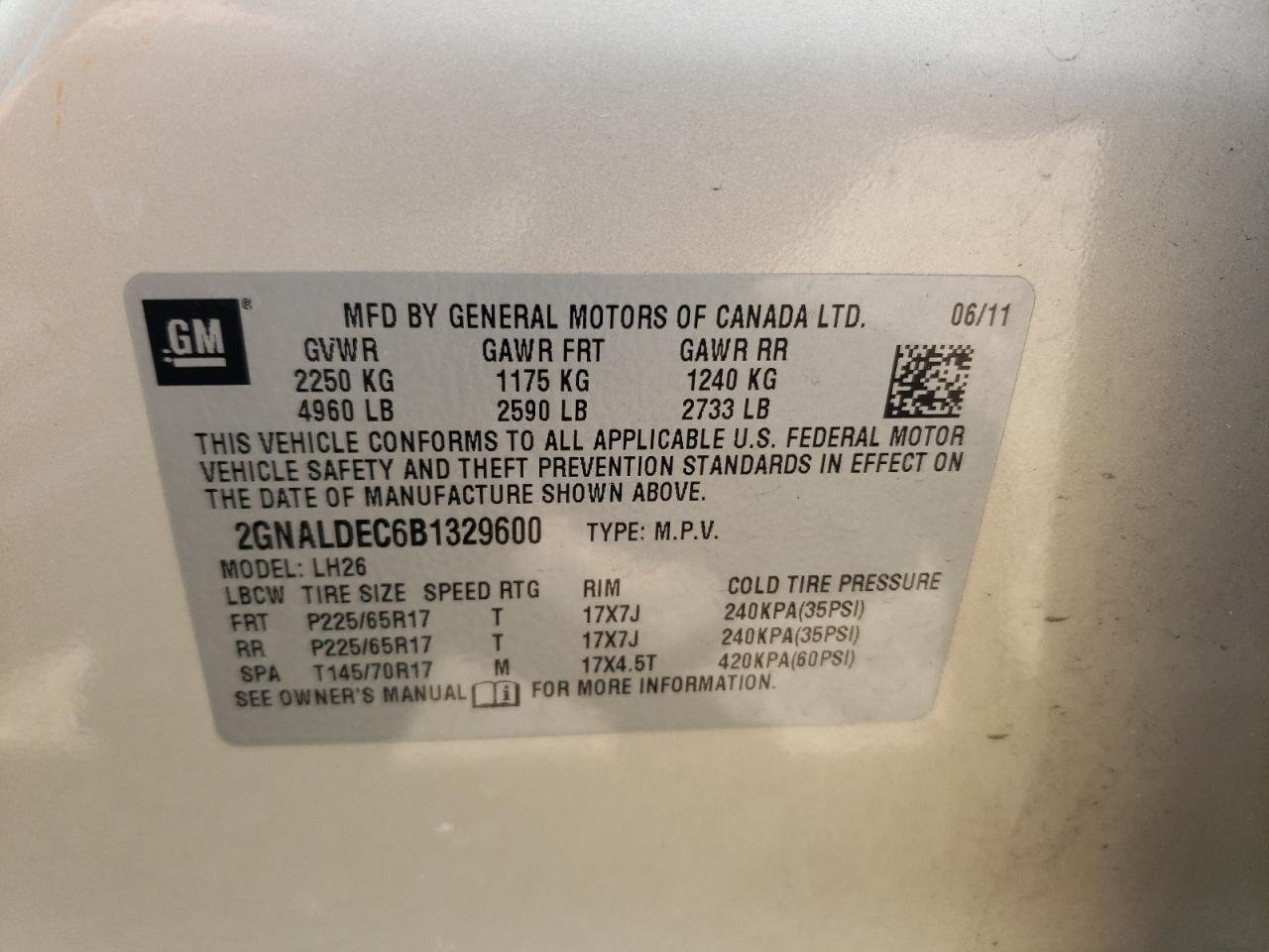 Photo 10 from auction – 2011 CHEVROLET EQUINOX LT with VIN 2GNALDEC6B1329600