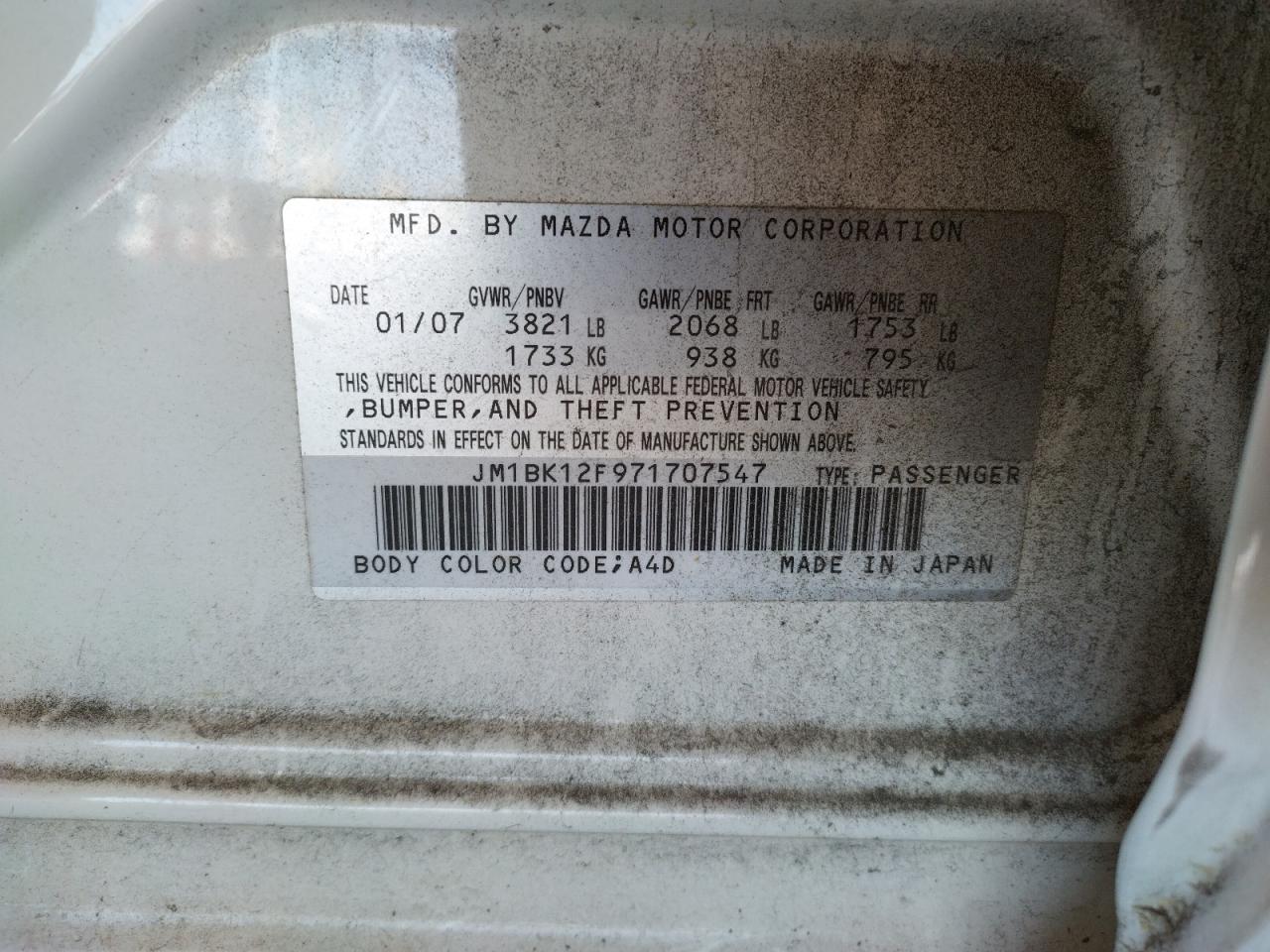 Photo 10 from auction – 2007 MAZDA 3 I with VIN JM1BK12F971707547