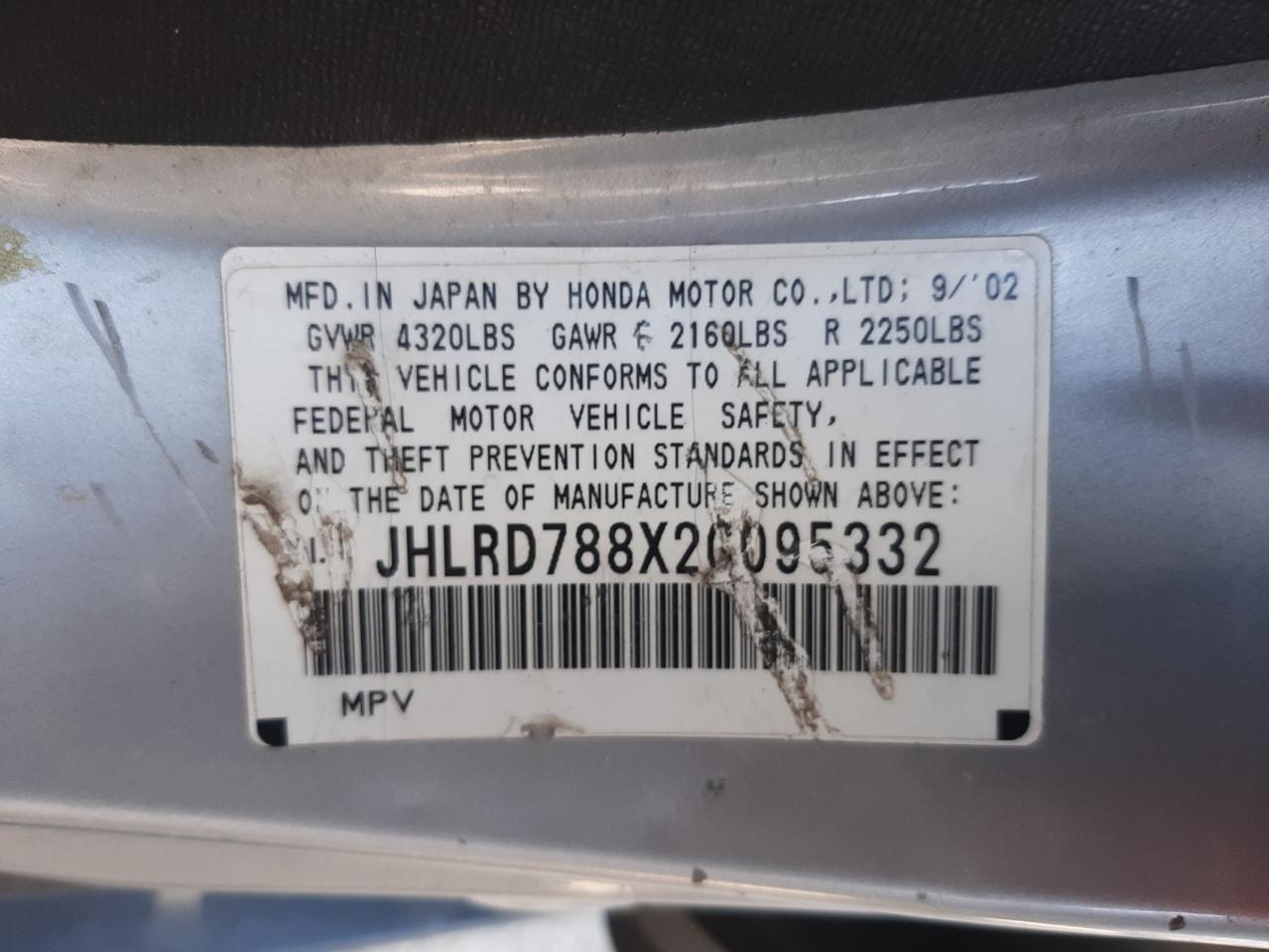 Photo 10 from auction – 2002 HONDA CR-V EX with VIN JHLRD788X2C095332