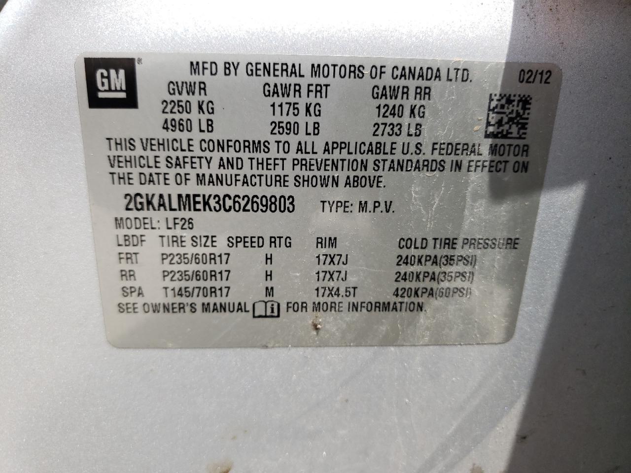 Photo 10 from auction – 2012 GMC TERRAIN SL with VIN 2GKALMEK3C6269803