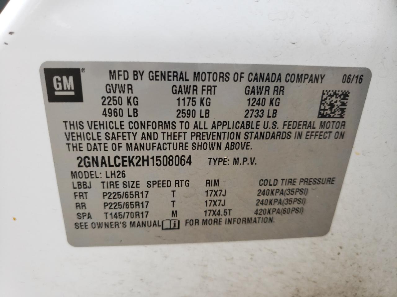 Photo 10 from auction – 2017 CHEVROLET EQUINOX LT with VIN 2GNALCEK2H1508064