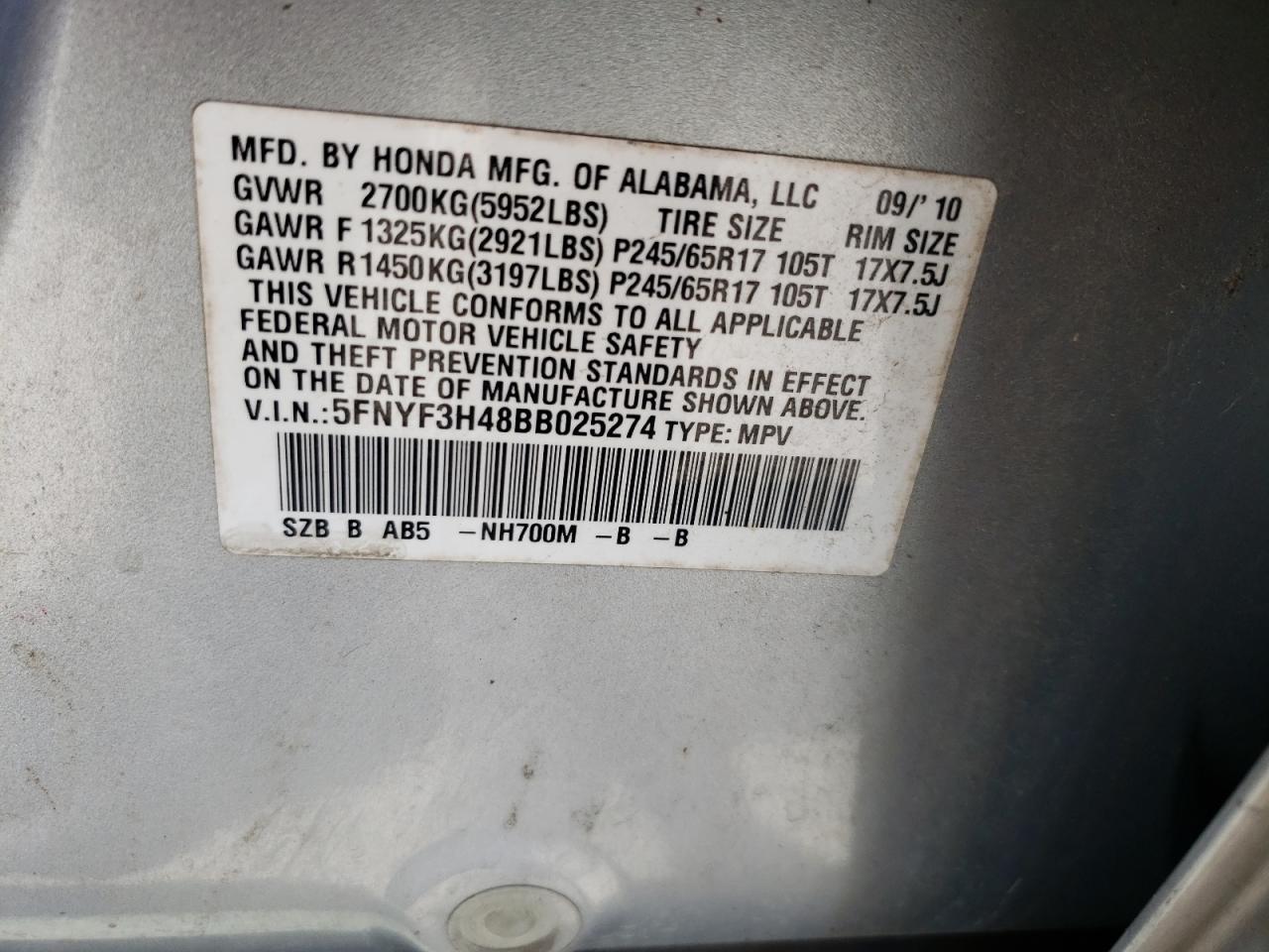 Photo 10 from auction – 2011 HONDA PILOT EX with VIN 5FNYF3H48BB025274
