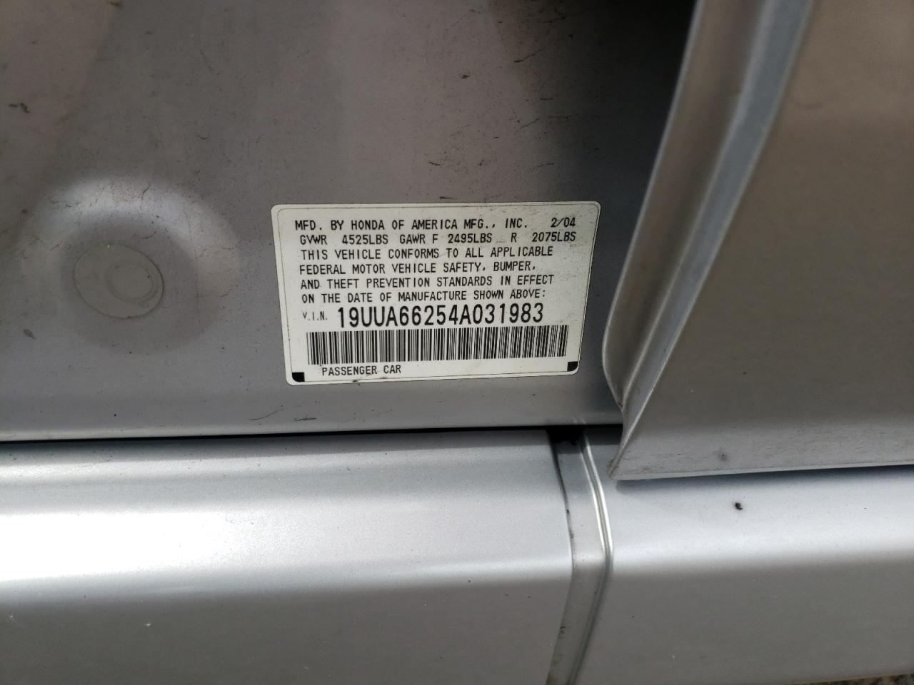 Photo 20 from auction – 2004 ACURA TL with VIN 19UUA66254A031983