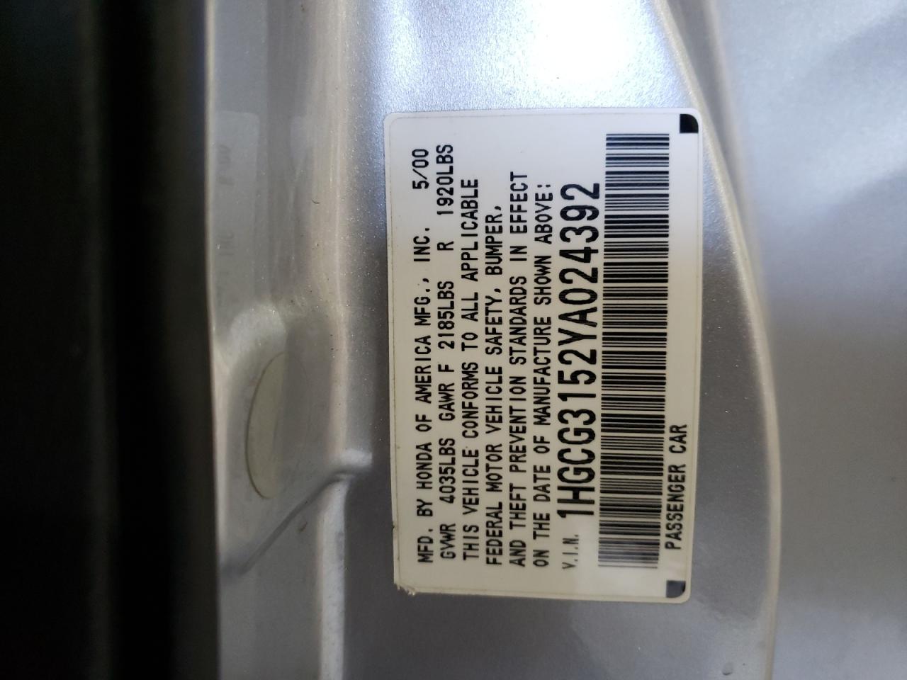 Photo 11 from auction – 2000 HONDA ACCORD EX with VIN 1HGCG3152YA024392