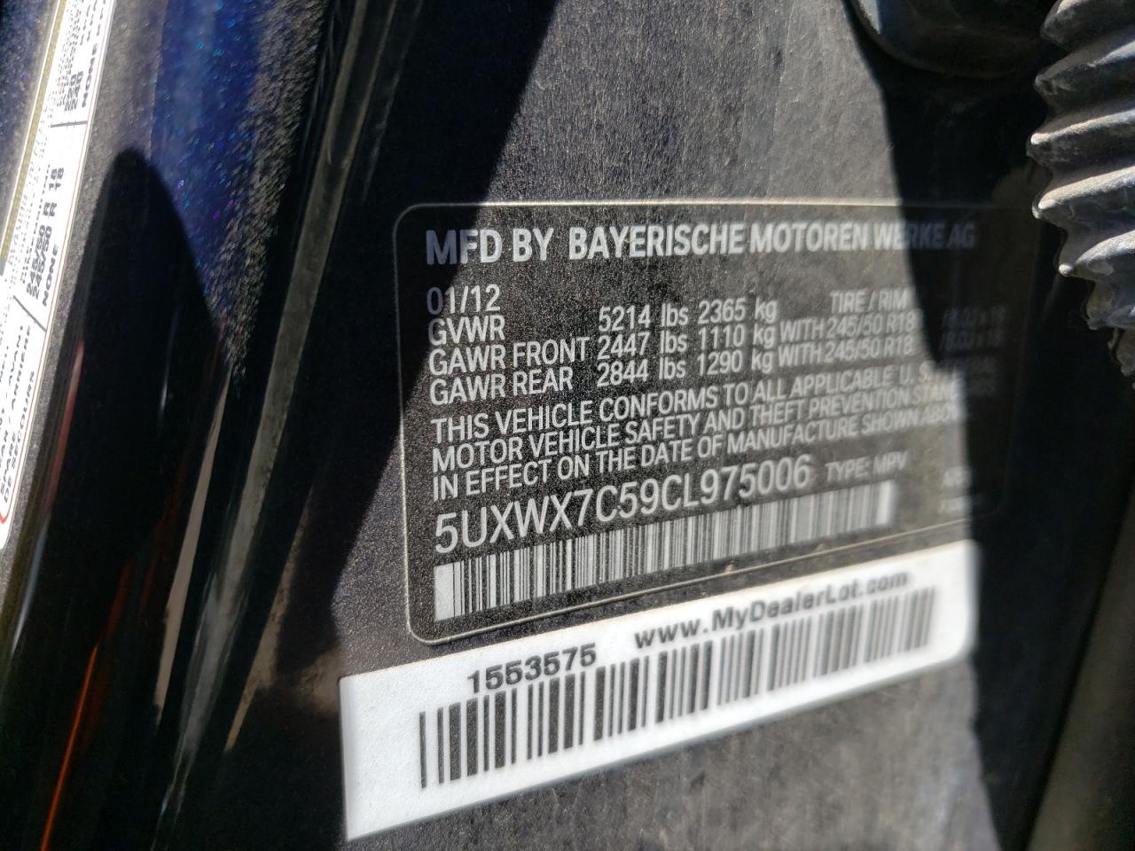 Photo 10 from auction – 2012 BMW X3 XDRIVE3 with VIN 5UXWX7C59CL975006