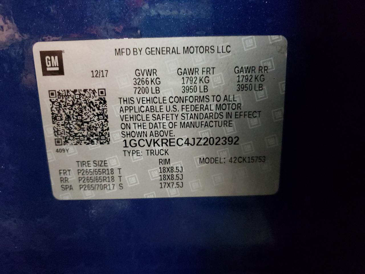 Photo 10 from auction – 2018 CHEVROLET SILVERADO with VIN 1GCVKREC4JZ202392