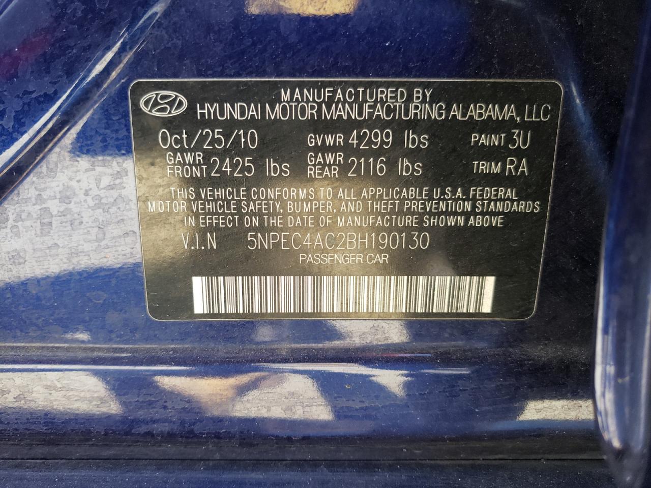Photo 10 from auction – 2011 HYUNDAI SONATA SE with VIN 5NPEC4AC2BH190130
