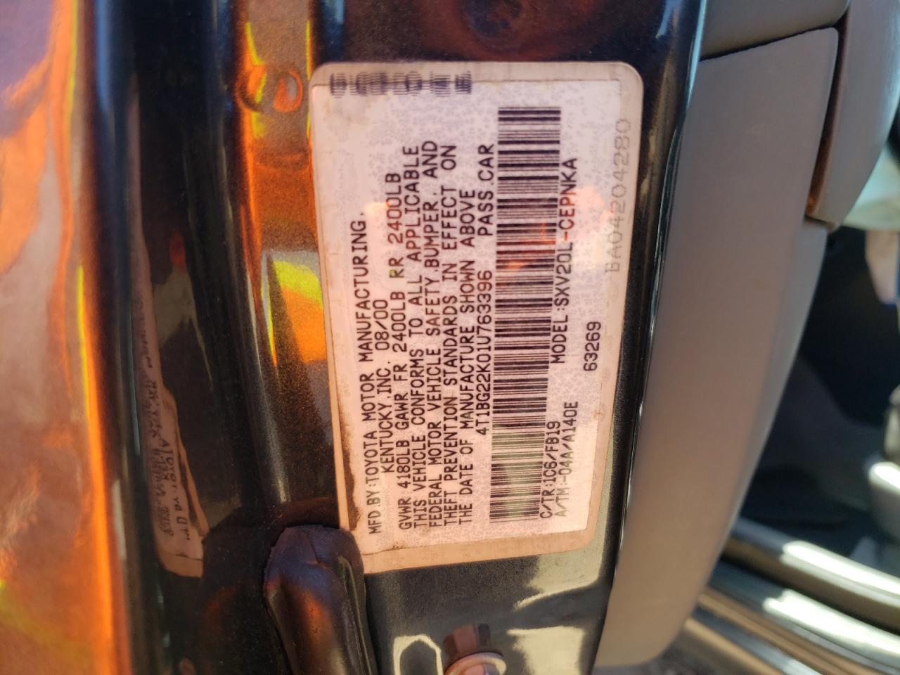 Photo 10 from auction – 2001 TOYOTA CAMRY CE with VIN 4T1BG22K01U763396
