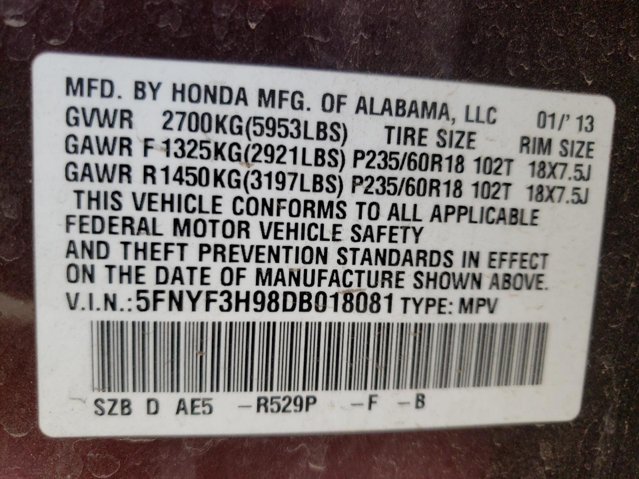 Photo 10 from auction – 2013 HONDA PILOT TOUR with VIN 5FNYF3H98DB018081