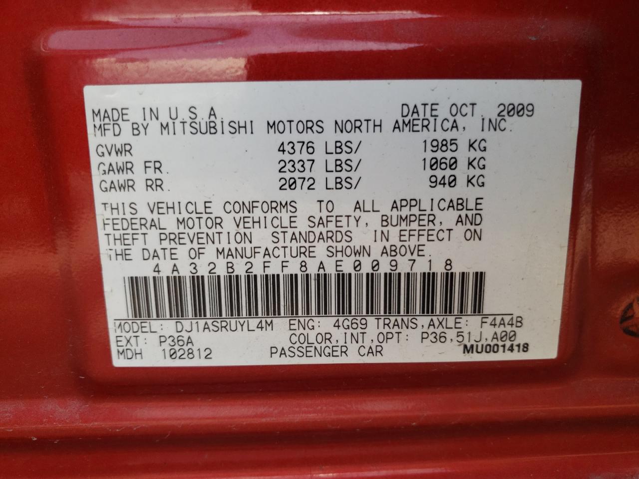 Photo 10 from auction – 2010 MITSUBISHI GALANT FE with VIN 4A32B2FF8AE009718