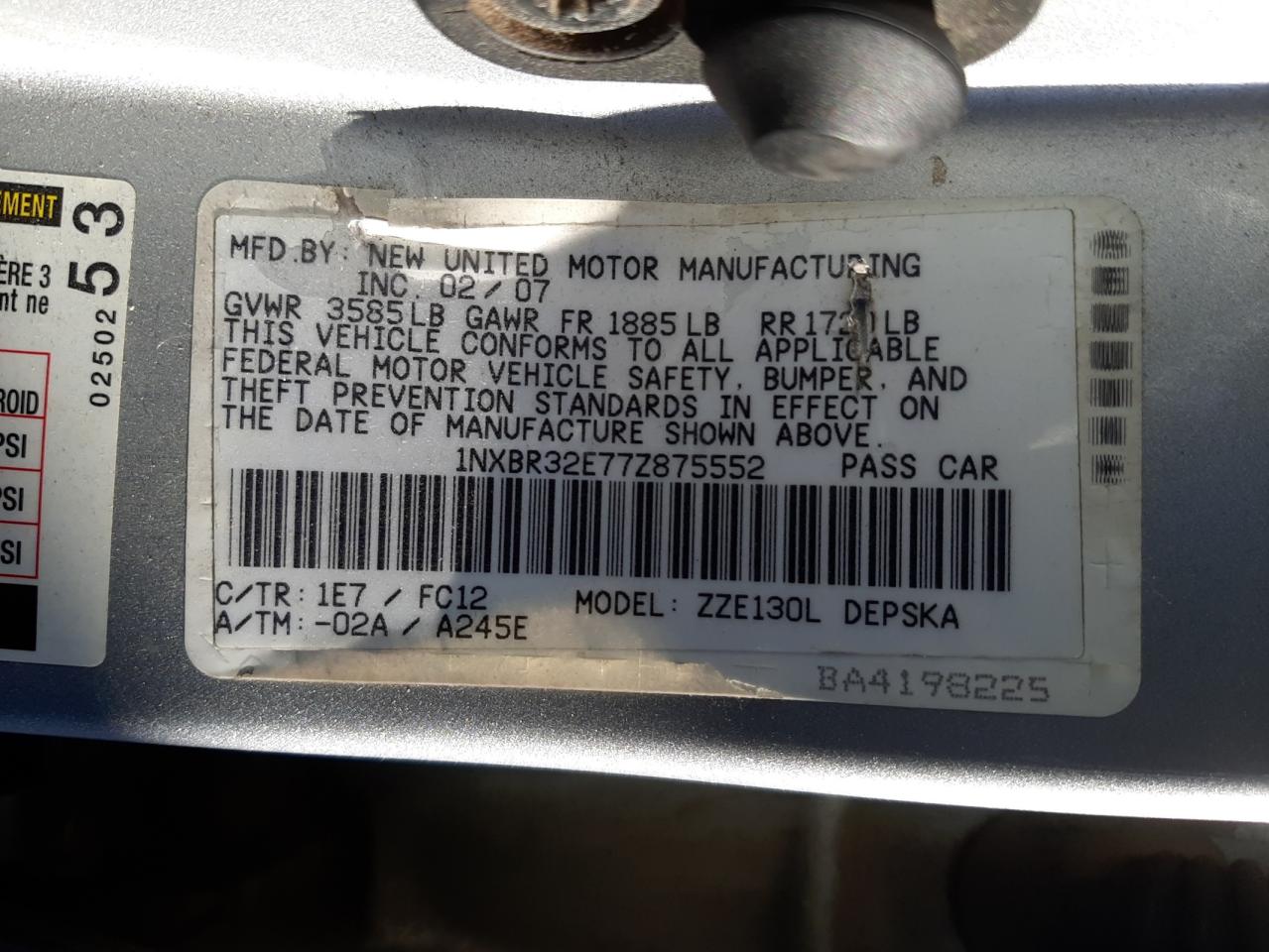 Photo 10 from auction – 2007 TOYOTA COROLLA CE with VIN 1NXBR32E77Z875552