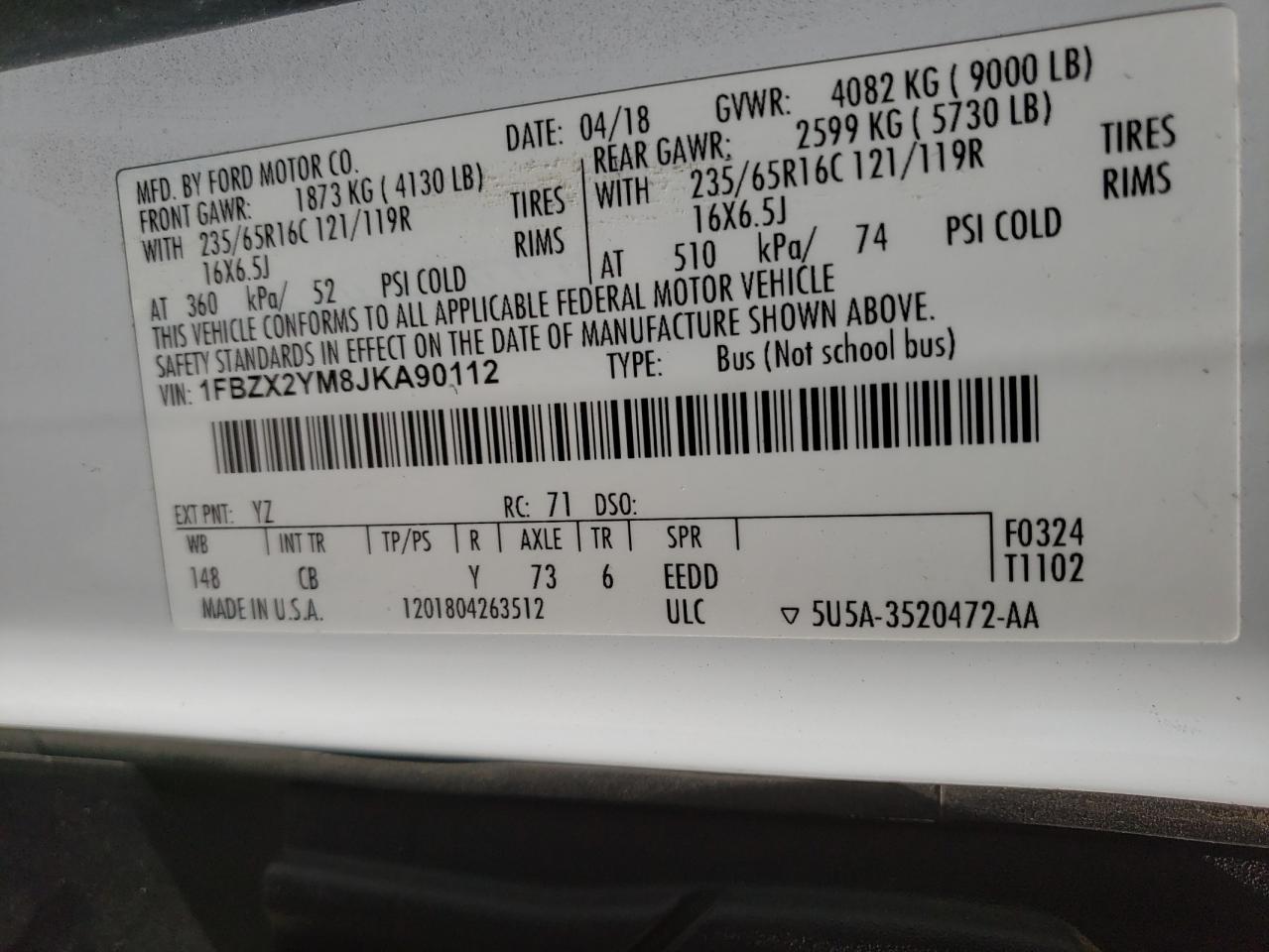 Photo 10 from auction – 2018 FORD TRANSIT T- with VIN 1FBZX2YM8JKA90112