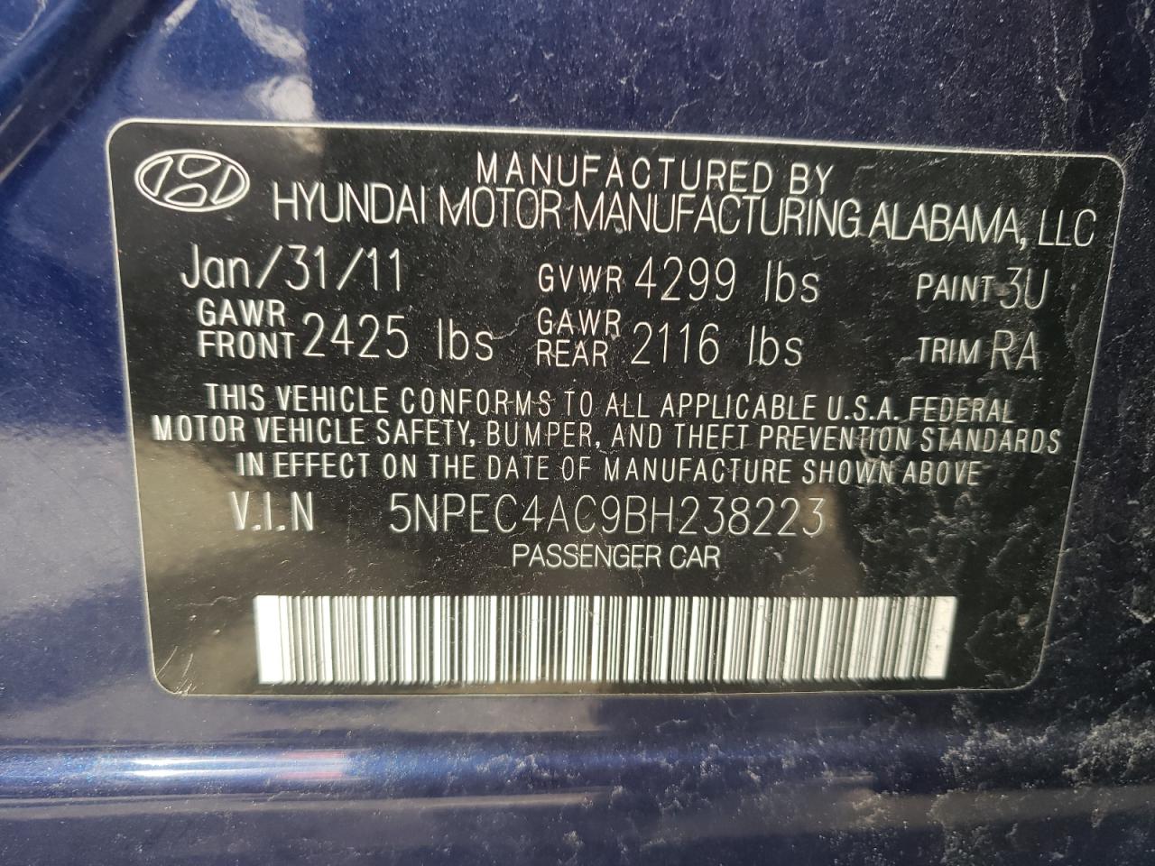 Photo 10 from auction – 2011 HYUNDAI SONATA SE with VIN 5NPEC4AC9BH238223