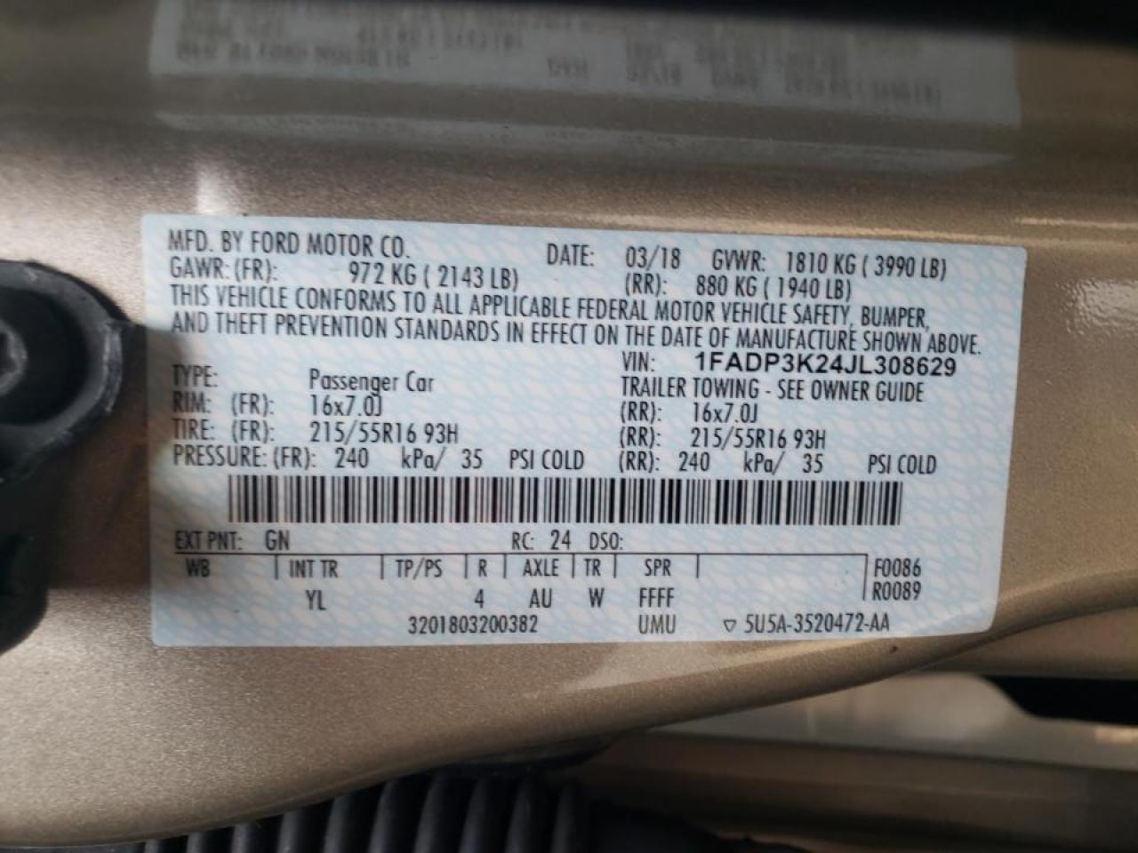 Photo 10 from auction – 2018 FORD FOCUS SE with VIN 1FADP3K24JL308629
