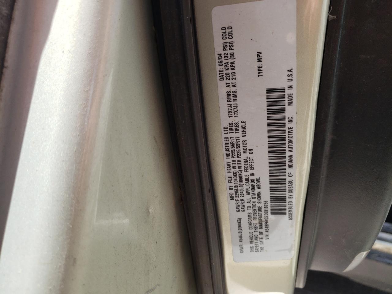 Photo 10 from auction – 2005 SUBARU LEGACY OUT with VIN 4S4BP68C256318756