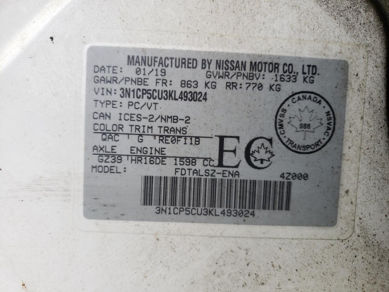 Photo 10 from auction – 2019 NISSAN KICKS S with VIN 3N1CP5CU3KL493024