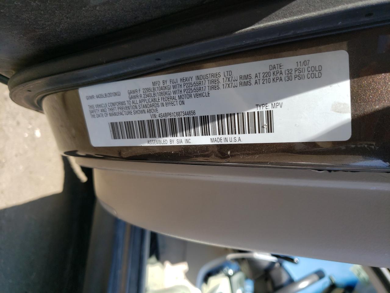 Photo 10 from auction – 2008 SUBARU OUTBACK 2. with VIN 4S4BP61C687344656