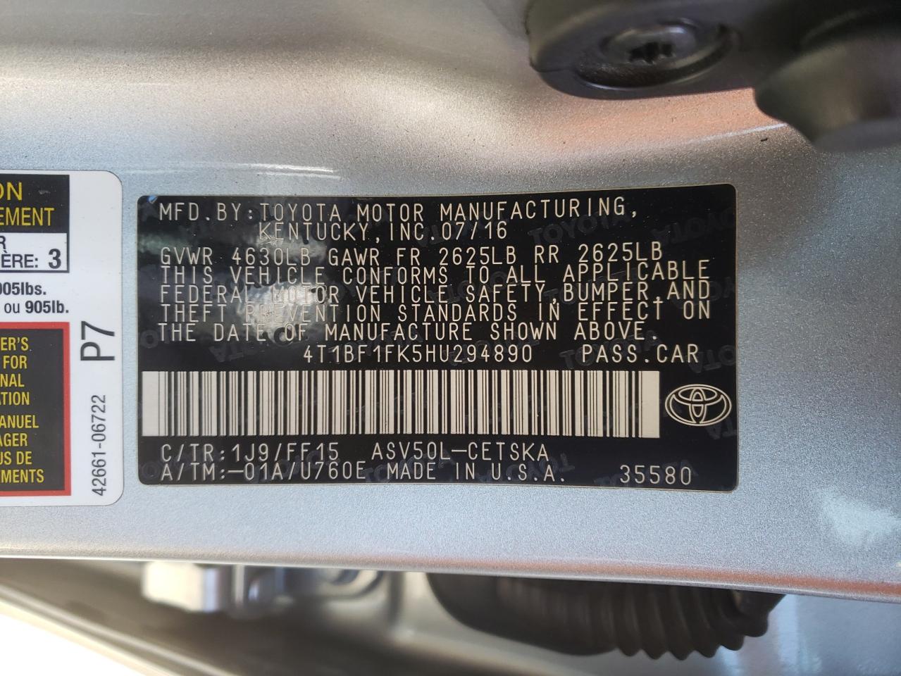 Photo 10 from auction – 2017 TOYOTA CAMRY LE with VIN 4T1BF1FK5HU294890